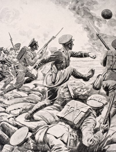 1916年にロンドンで出版された「The War Illustrated Album deLuxe」から、イギリスの将校が小隊に刺激を与えるためにドイツの路線に向かってサッカーを蹴る 作： English School